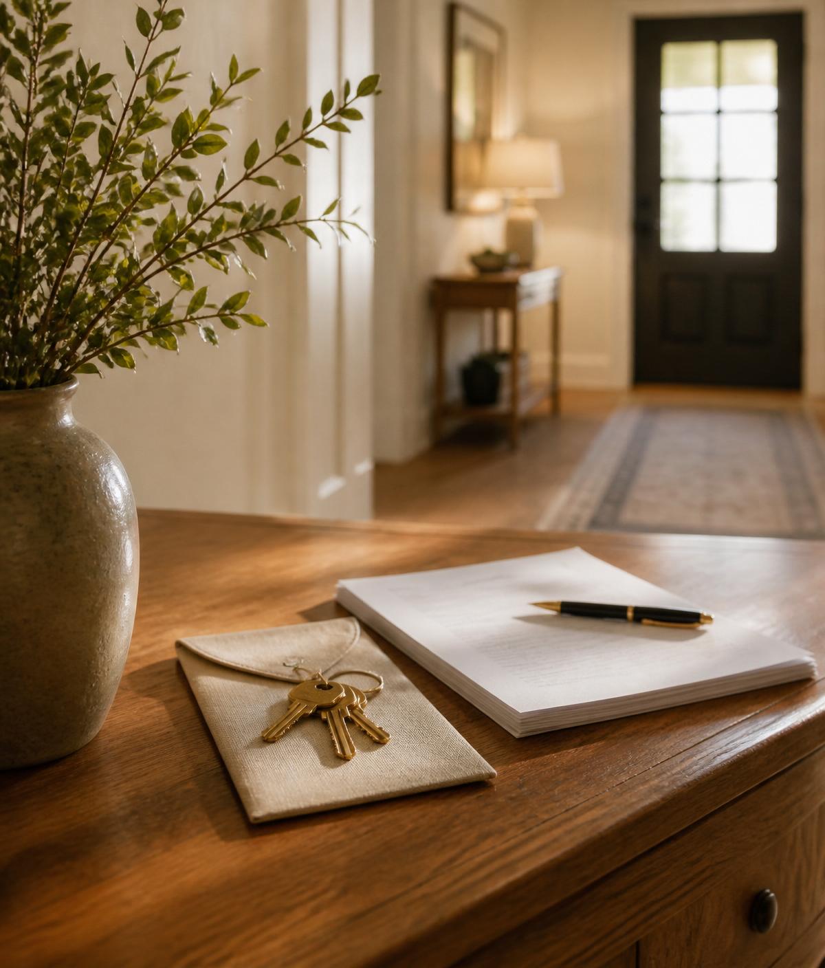 House keys and lease paperwork on a warm wood entry table