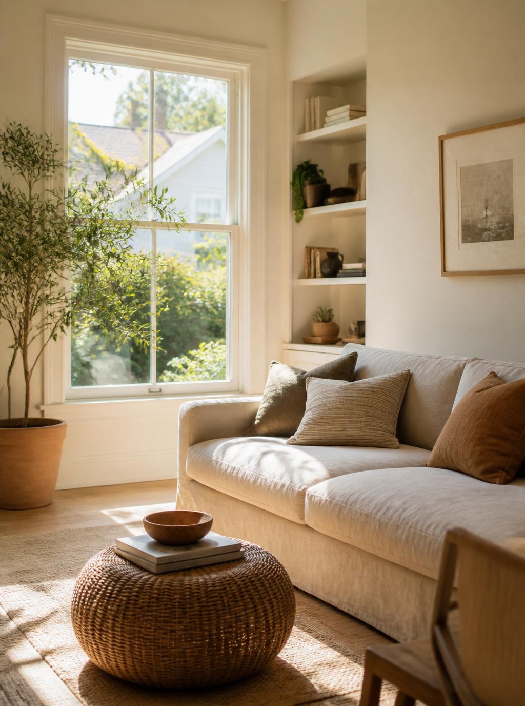 Warm editorial Bay Area living room with natural light